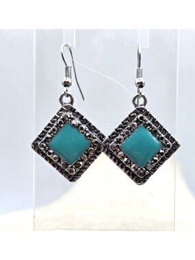 Square Dangle Earrings, Turquoise Colored Center Stone WIth Marcasite Accents